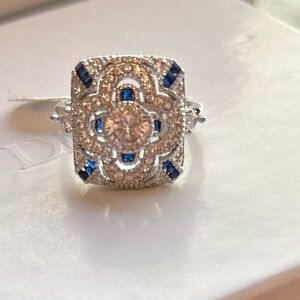 Vintage Size 8.75 Art Deco S925 Silver Plate Blue Sapphire CZ & Diamond CZ Ring